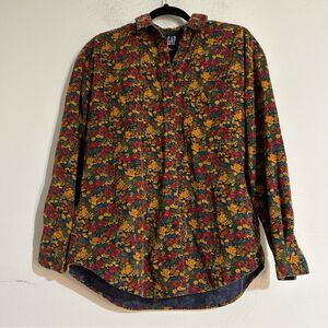 Vintage Gap Bright Floral Printed Corduroy Button Down Shirt Retro 70s Dopamine